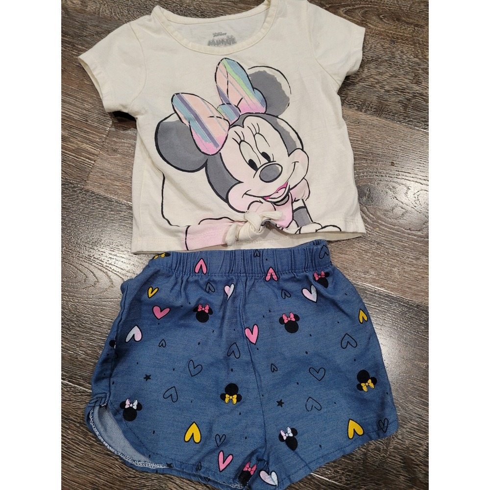 Disney Minnie Mouse Girls‎ 2T Shorts Set Cream Tie Front Tee Blue Heart #10